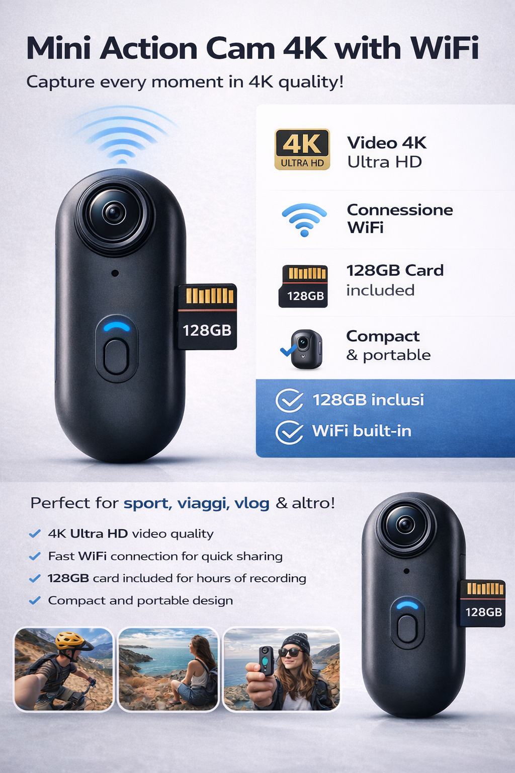 Mini Action Cam 4K WiFi con 128GB – Compatta, Stabilizzata, Ideale per Sport e Viaggi